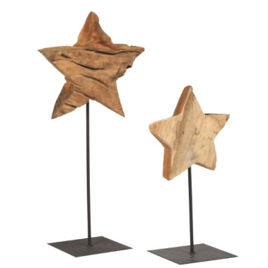 Massiv Teak Stjerne På Piedestal (H35–38 cm, Ø15 cm)