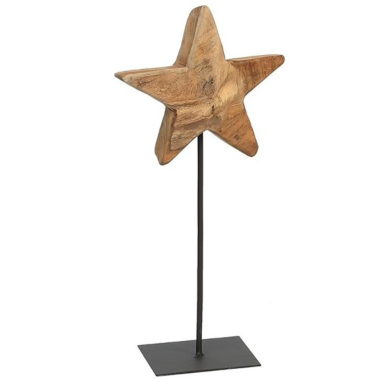 Massiv Teak Stjerne På Piedestal (H35–38 cm, Ø15 cm)